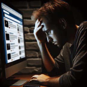 Eine Person, die vor einem Computer sitzt und sich über Inhalte in den sozialen Medien ärgert