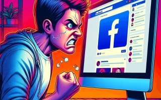Ein Mann vor seinem Rechner, der mit wütendem Gesicht auf Facebook surft