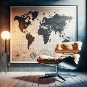 Designstuhl vor einer Weltkarte